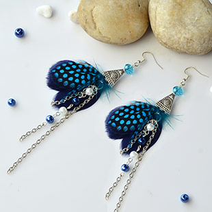 Feather and Glass Pearl Bead Dangle Earrings